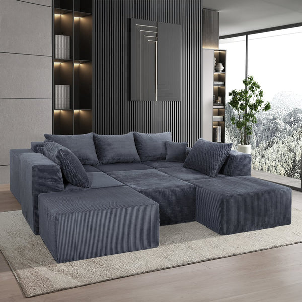 English Elm 8-Piece Modular U-Shaped Sectional Sofa with Oversized Chaise and Bed, Corduroy Luxury, No Assembly Needed Grey W3163S00041