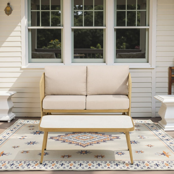 English Elm 2-person Handwoven Pe Rattan Glider Set Outdoor Patio Loveseat with Coffee Table T3773P419905