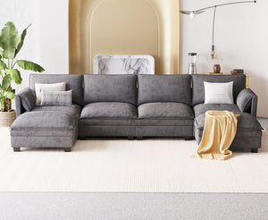 English Elm 141.5'' Modern U-Shaped 6-Seater Sofa Couch With Movable Ottoman & Armrest Pockets For Versatile Living W680S00043