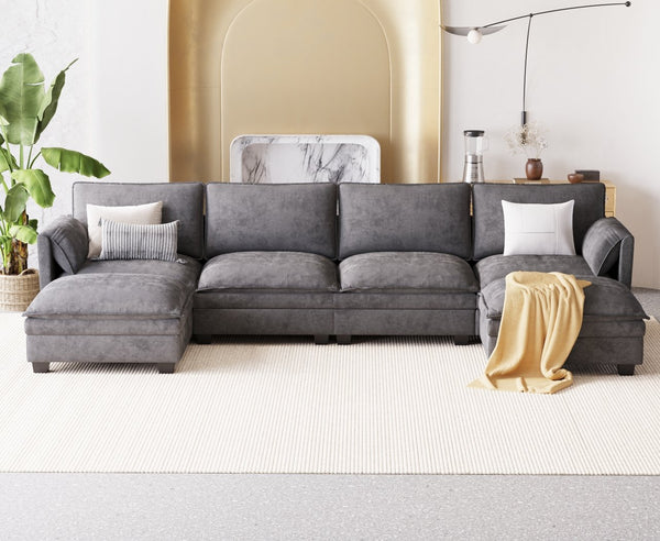 English Elm 141.5'' Modern U-Shaped 6-Seater Sofa Couch With Movable Ottoman & Armrest Pockets For Versatile Living W680S00043