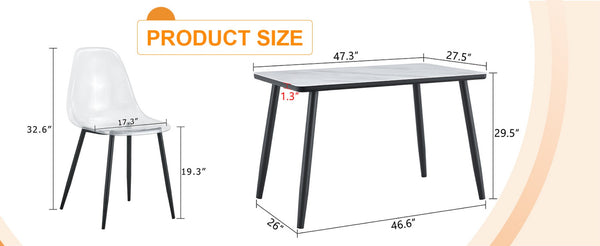 English Elm Table and Chair Set Marble Glass Top with Black Mdf Shelf Four Transparent Seats W1151S04663