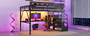 English Elm Queen Metal Loft Bed with Desk Charging Station Rgb Lighting and Storage Stairs W2580S00091