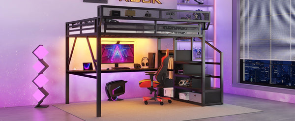 English Elm Queen Metal Loft Bed with Desk Charging Station Rgb Lighting and Storage Stairs W2580S00091