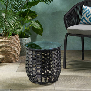 English Elm Christopher Knight Home® - ARIAS RATTAN SIDE TABLE with Tempered Glass Top, Boho Drum Design, Durable Woven Polyethylene Finish Black 65764.00BLK