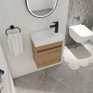 English Elm 18'' Floating Vanity with White Resin Sink, Soft-Close Door, Open Shelf Storage, Water-Resistant Finish W99936260