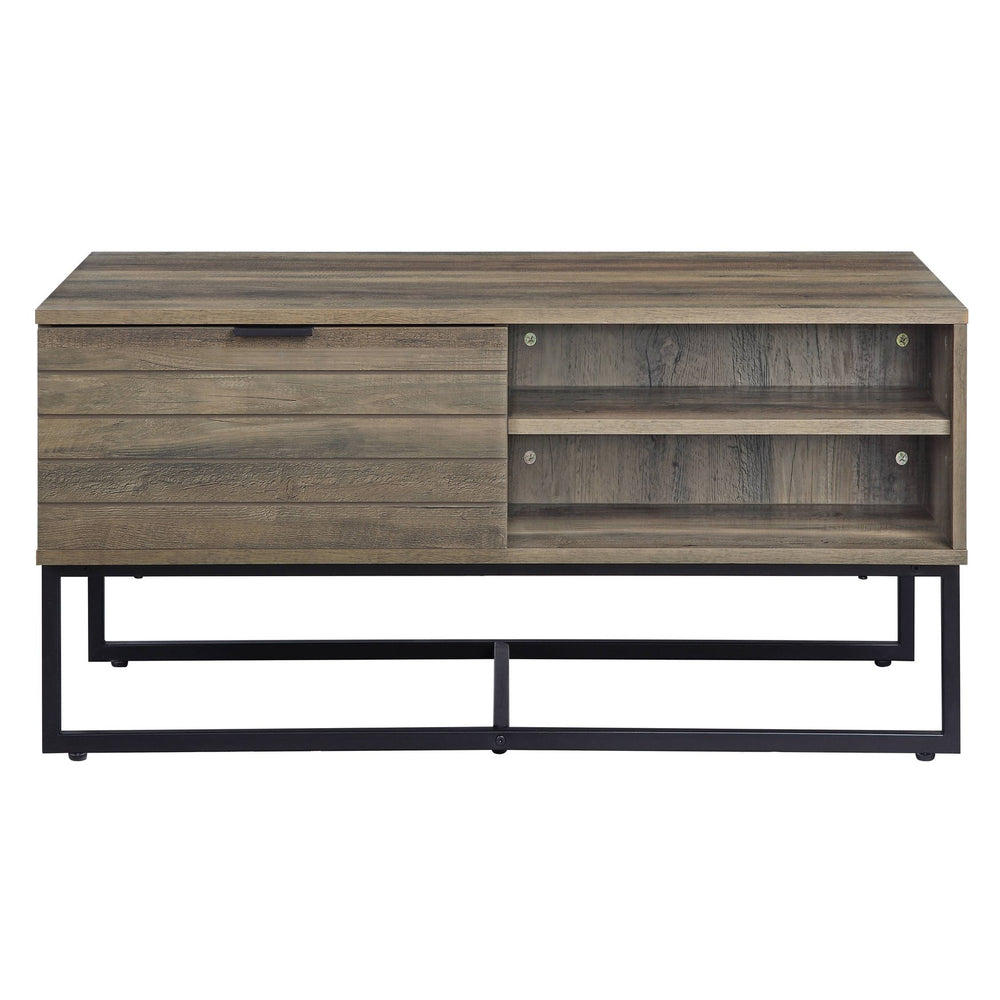 English Elm Rustic Oak and Black Coffee Table with Self-Close Cabinet, Open Shelves, Metal Leg, Clutter-Free Design B062P185649
