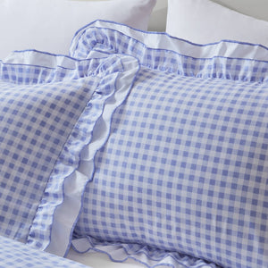 English Elm 3-piece Cottage Gingham Comforter Set with Ruffle Trim and Round Throw Pillow Blue B035P463185