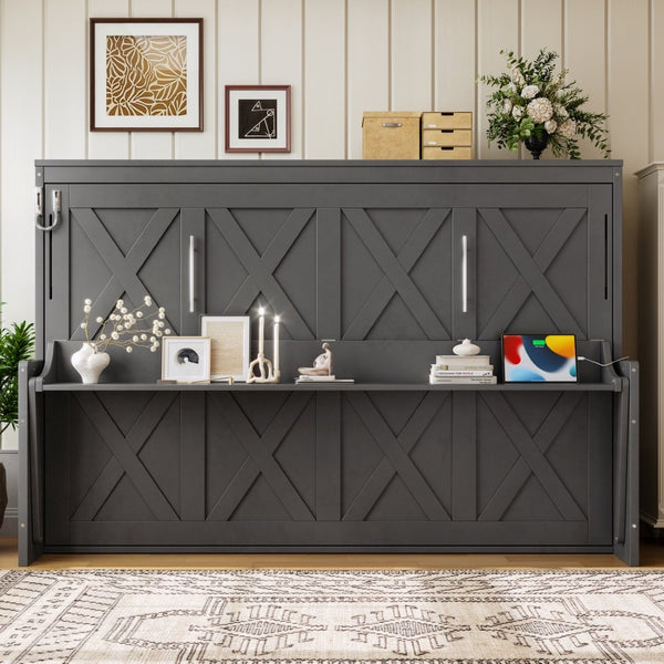 English Elm Full Murphy Bed with Fold Down Desk Led Lighting and Usb Port for Studio Spaces Dark Gray W1580S00455