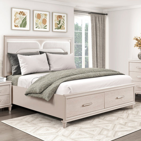 English Elm Modern Queen Platform Bed Chenille Headboard Led Lighting Footboard Storage Drawers B011S02158