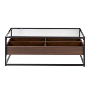 English Elm Contemporary Glass Top Coffee Table with Walnut Storage and Black Steel Frame B202P223305
