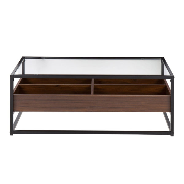 English Elm Contemporary Glass Top Coffee Table with Walnut Storage and Black Steel Frame B202P223305