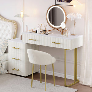 English Elm Velvet Upholstered Vanity Desk Set with Marble-Look Top, Padded Chair, 5 Spacious Drawers & Gold Accents Beige 17.5 L x 16.3 W x 16.1 H N733S272606A