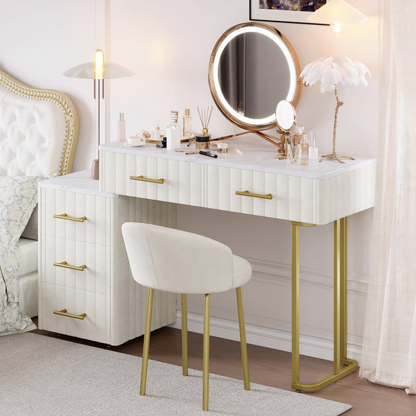 English Elm Velvet Upholstered Vanity Desk Set with Marble-Look Top, Padded Chair, 5 Spacious Drawers & Gold Accents Beige 17.5 L x 16.3 W x 16.1 H N733S272606A