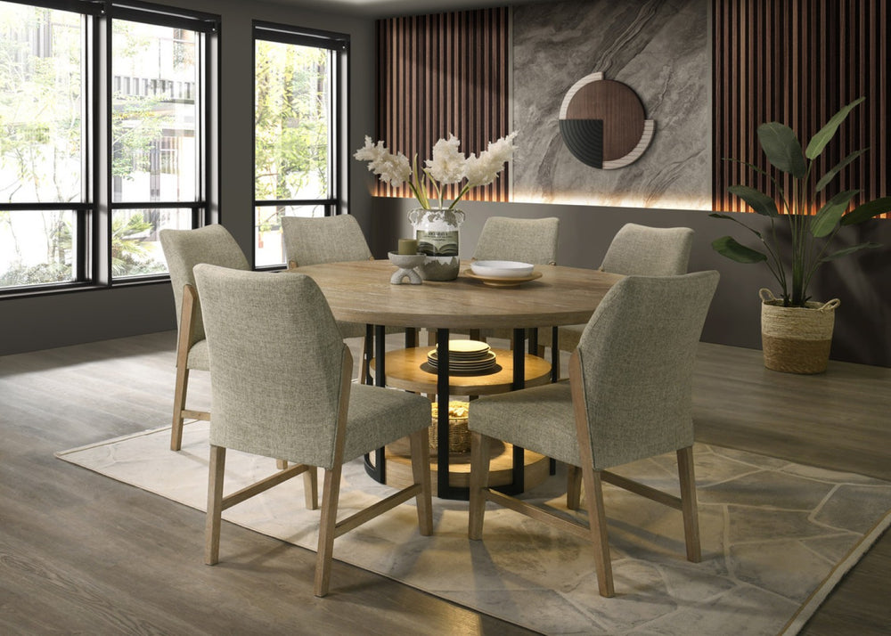 English Elm Elena 7 Piece Round Oak Dining Set with Led Base Shelving and Linen Chairs B2749S00308