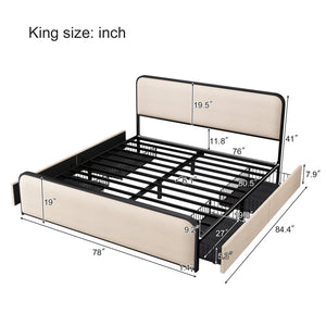 English Elm Modern Metal Bed Frame with Upholstered Curved Headboard, Underbed Storage, Heavy-Duty Slats, Queen Beige 79.7 L x 22 W x 5 H N701P229017B