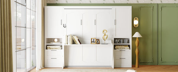 English Elm Queen Murphy Fold Down Wall Bed with Wardrobe Drawers and Shelves for Guest Rooms White LP000909AAK-2