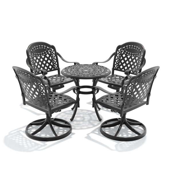 English Elm 5-piece Outdoor Cast Aluminum Bistro Set with Ornate Swivel Chairs and Round Patio Table W1710S00682