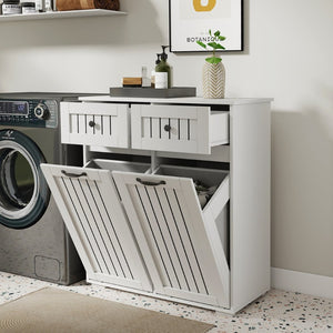 English Elm Laundry Sorting Cabinet with Two Hamper Bags Two Drawers and Melamine Finish W331P373959