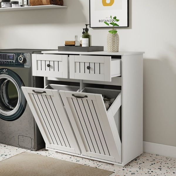 English Elm Laundry Sorting Cabinet with Two Hamper Bags Two Drawers and Melamine Finish W331P373959