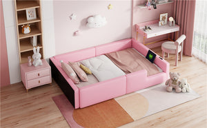 English Elm Twin Upholstered Platform Bed with Guardrail and Built-In Charging Station, Modern Sleek Design for Small Spaces Pink N709P186347H