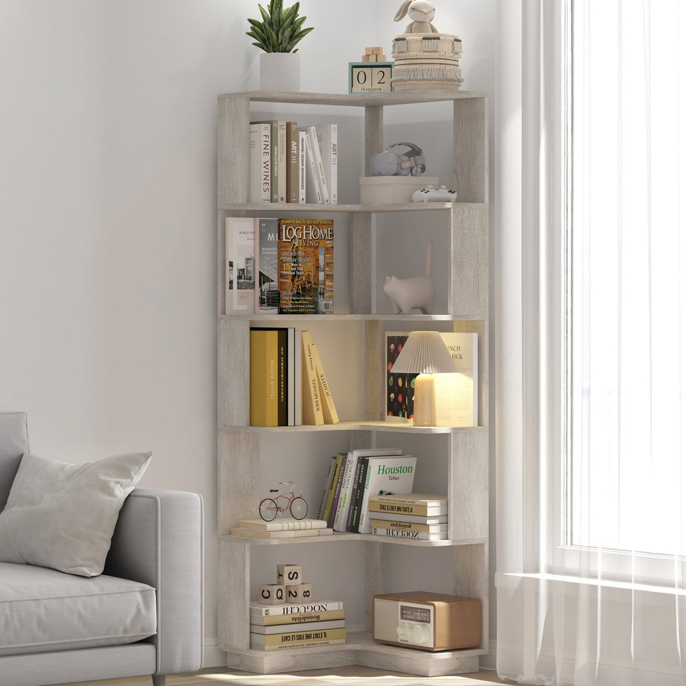 English Elm 6 Tier Freestanding L-Shaped Corner Bookshelf with Anti-Tip, Rounded Corners, 3D Wood Grain Finish Light Gray W2899P372517