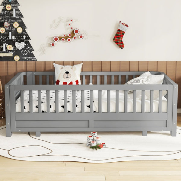 English Elm Twin Size Platform Bed With Guardrails - Stylish, Solid Wood Frame Converts To Double Twin, Grey W1580S00240-GIGA