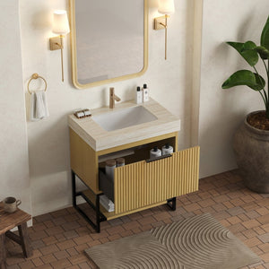 English Elm Yolan 30 Inch Freestanding Bathroom Vanity Plywood Cabinet Sintered Stone Top Oak Finish Beige,Black,Golden Oak W2615S00651
