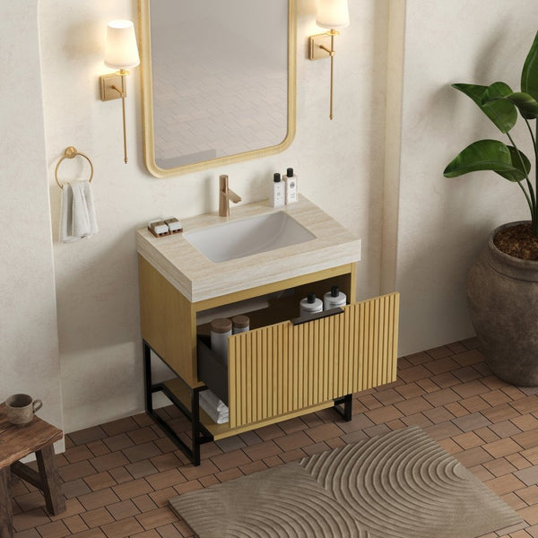 English Elm Yolan 30 Inch Freestanding Bathroom Vanity Plywood Cabinet Sintered Stone Top Oak Finish Beige,Black,Golden Oak W2615S00651