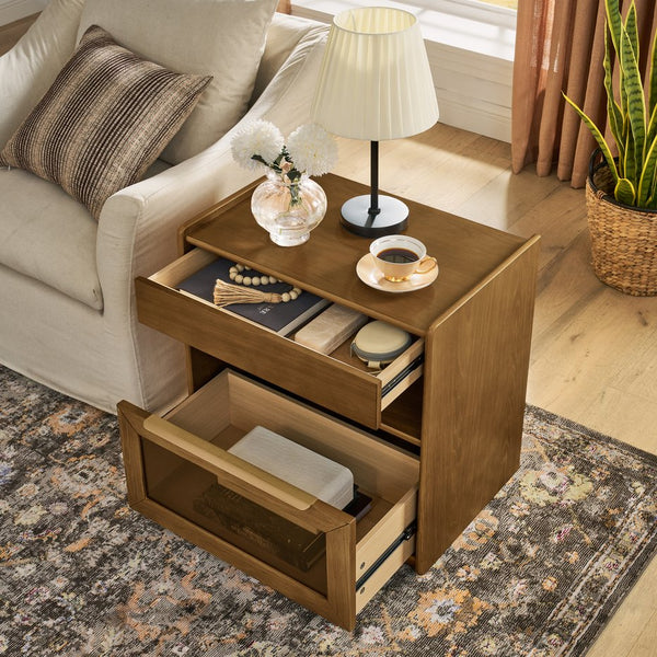 English Elm Mid Century Modern Nightstand With Charging Station, 2 Drawers & Open Shelf For Stylish Storage Solutions W1801P303392