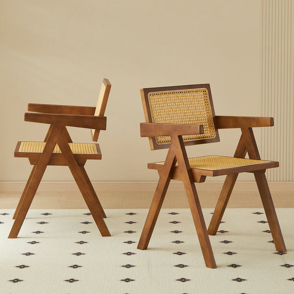 English Elm 2 Walnut Dining Chairs With Rattan Weaving – Ergonomic Solid Wood Armrests For Stylish Comfort W2720P237606