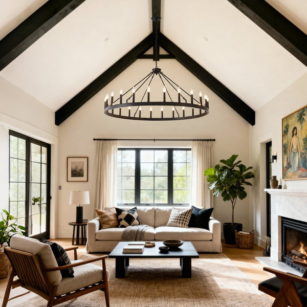 English Elm 53.15 Inch Matte Black 24 Light Wagon Wheel Chandelier for Farmhouse Dining Rooms W5008P392780