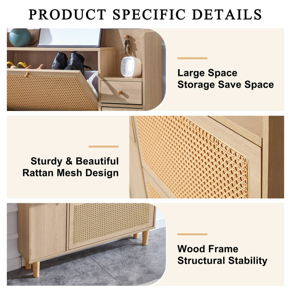 English Elm Modern minimalist wood rattan shoe cabinet with vine design – compact MDF storage for halls, living rooms W1512P360384