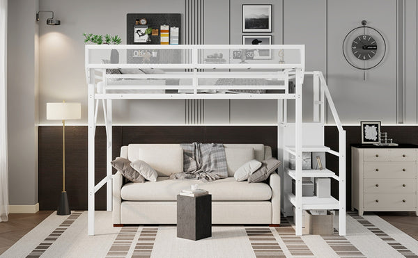 English Elm Twin Xl Loft Bed With Stairs, Storage Shelves & Wardrobe - Space-Saving Metal Bed For Kids & Teens W2580S00050-GIGA