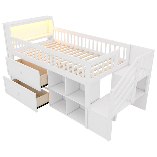 English Elm Twin Loft Bed with Built-In Stairs, Shelves, Hanging Rod & 2 Drawers for Space-Saving Kids Room White 45.87 L x 18.5 W x 10.83 H W2593S00004