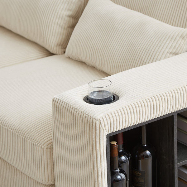 English Elm 102.75*102.75" L-Shaped Modular Sectional Sofa with Corduroy Upholstery, Storage Arm, Cup Holder, 5-Seat Convertible Lounge Beige W1926S00053