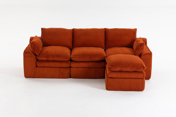 English Elm L Shaped Corduroy Modular Sectional with Cloud Cushions Footstool and Lumbar Pillows Orange W395S00137