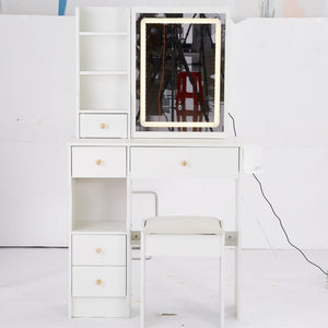 English Elm 29.2" Compact Left Drawer Vanity Set With Led Mirror, Power Station, Stool & Hair Dryer Holder P2 W936P226043-GIGA