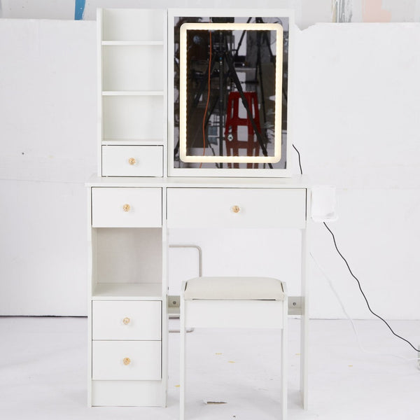 English Elm 29.2" Compact Left Drawer Vanity Set With Led Mirror, Power Station, Stool & Hair Dryer Holder P2 W936P226043-GIGA