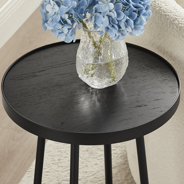English Elm Ranlo Modern Round Accent Table with Oak Veneer Top, Black Geometric Metal Legs, Space-Saving Design B050P364435