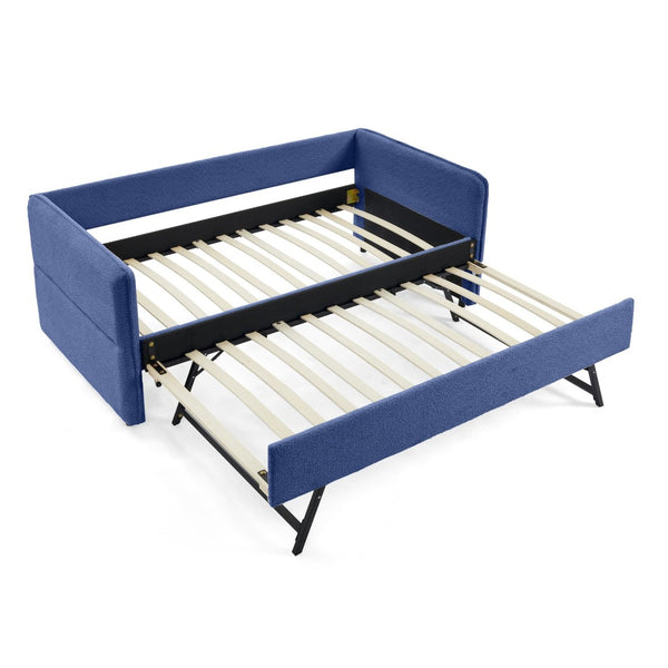 English Elm Daybed Boucle Upholstered Tufted Twin Trundle Sofa for Guest Bedroom Studio Lounge Blue W1413S00173