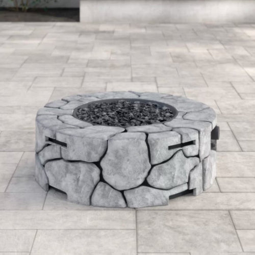 English Elm 9'' 28'' Fiber Reinforced Concrete Outdoor Fire Pit Stone Gray – 40,000 BTU Propane/Natural Gas, ETL Listed Cozy Patio Heating Solution B120141824