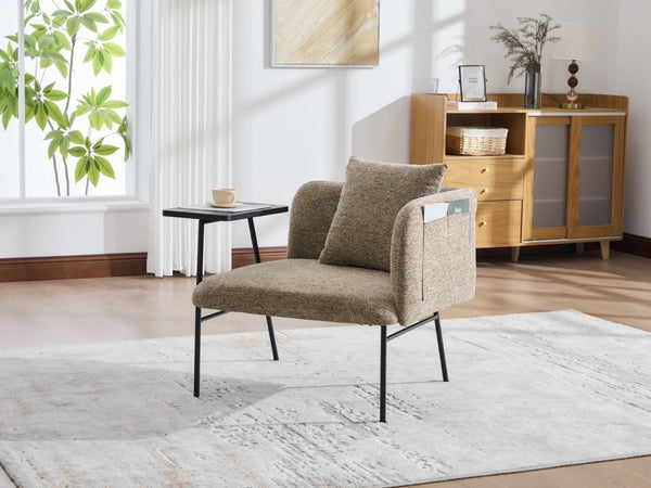 English Elm Leisure Linen Accent Chair with Built-in Side Table Pockets and Lumbar Pillow Modern Khaki W395P453308