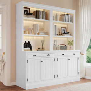 English Elm 83.4"Tall Bookcase Suite with LED Lighting, 2-Piece Modern White Storage Set with Doors Drawers and Adjustable Shelves for Living Room Office (Stylish, Spacious) SR000005AAK