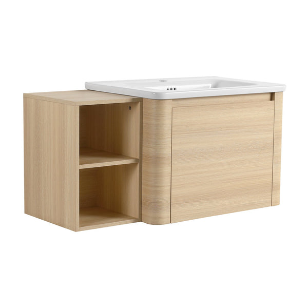 English Elm 40'' Wall-Mounted Bathroom Vanity with White Ceramic Sink, Plywood Shelves, Soft-Close Door, Oak Finish W999S00482