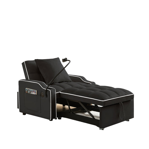 English Elm 3-in-1 Convertible Sofa Bed with USB & Type-C Ports, Cup Holders, Adjustable Backrest for Small Spaces Black W2151142231