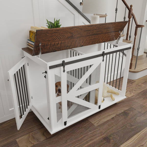 English Elm 47.2" Double Dog Crate Farmhouse Console with Rolling Casters and Barn Doors W2557P330269