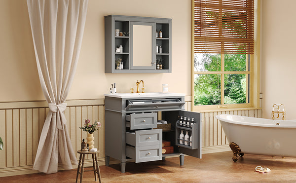 English Elm 36'' Modern Bathroom Vanity With Medicine Cabinet, Soft-Close Doors, 4 Drawers & Ceramic Sink Set SW000134AAE-1