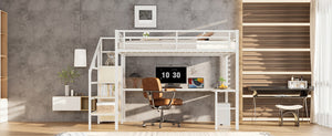 English Elm Queen Size Loft Bed With L-Shaped Desk, Usb Charging & Led Lights - Stylish Storage For All Spaces W1580S00181-GIGA
