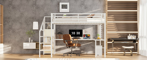 English Elm Queen Size Loft Bed With L-Shaped Desk, Usb Charging & Led Lights - Stylish Storage For All Spaces W1580S00181-GIGA