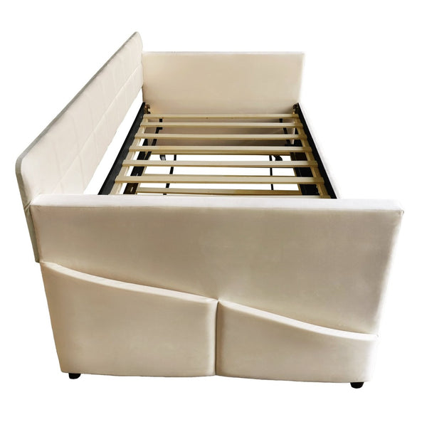 English Elm Modern Velvet Twin Daybed with Pull Out Trundle and Built in Armrest Storage Pockets Beige SF000200AAA